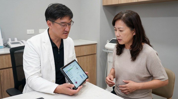 專業醫師使用身體組成分析儀為顧客進行健康評估 穿著運動服飾的女性透過飲食與運動有效降低體脂 醫師講解高蛋白飲食如何幫助增肌與降低體脂 局部瘦身設備運用在高效率降低體脂的醫美療程