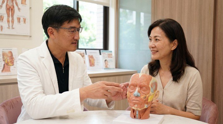 醫師講解膠原蛋白增生劑與玻尿酸作用原理圖 臉部不同部位適用膠原蛋白增生劑建議 知名膠原蛋白增生劑品牌產品一覽 患者於診所諮詢醫師關於膠原蛋白增生劑療程 注射膠原蛋白增生劑後臉部輪廓更顯自然年輕