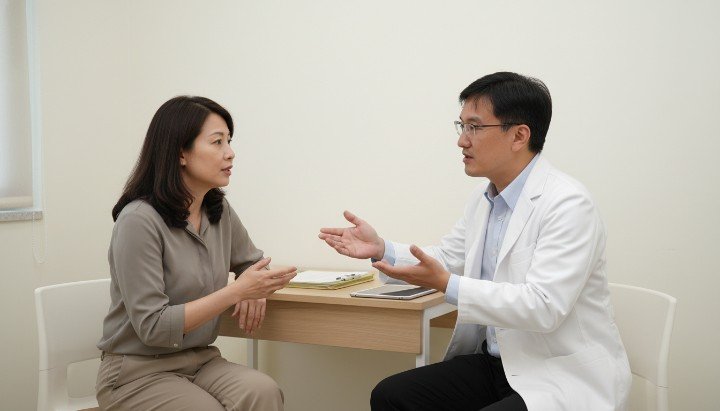 醫師與病患討論鳳凰電波年齡與治療效果 熟齡肌膚案例透過鳳凰電波治療前後對比 法瑞診所提供客製化鳳凰電波年齡層治療方案 50歲女性諮詢鳳凰電波年齡與期望