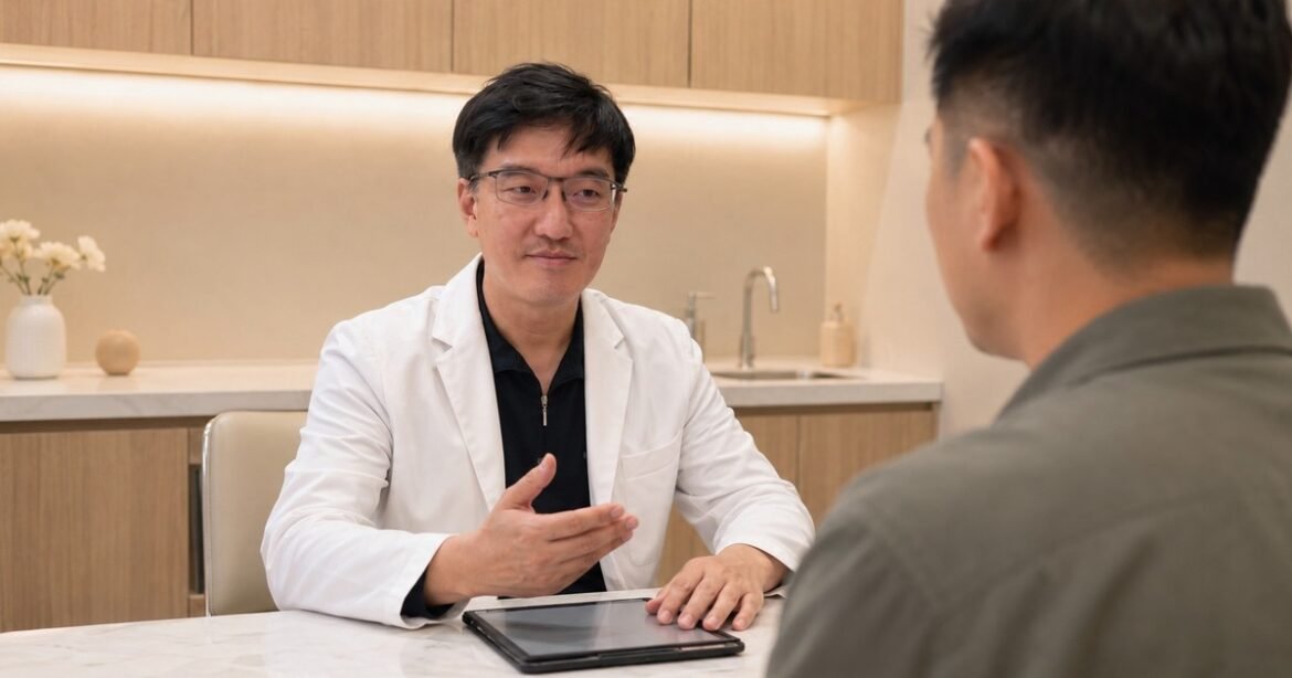 吳芮醫師為患者解說隆乳術前評估流程，確保選擇最適合的假體。