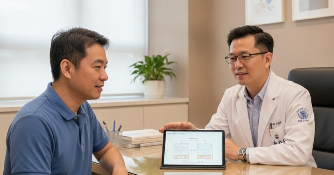 吳芮醫師為男性患者說明植髮手術流程與吳芮醫師重點安全重點
